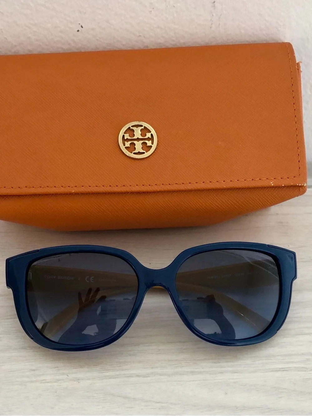 Tory Burch TY9023 Navy Blue Yellow Square Sunglasses w/ Orange Case